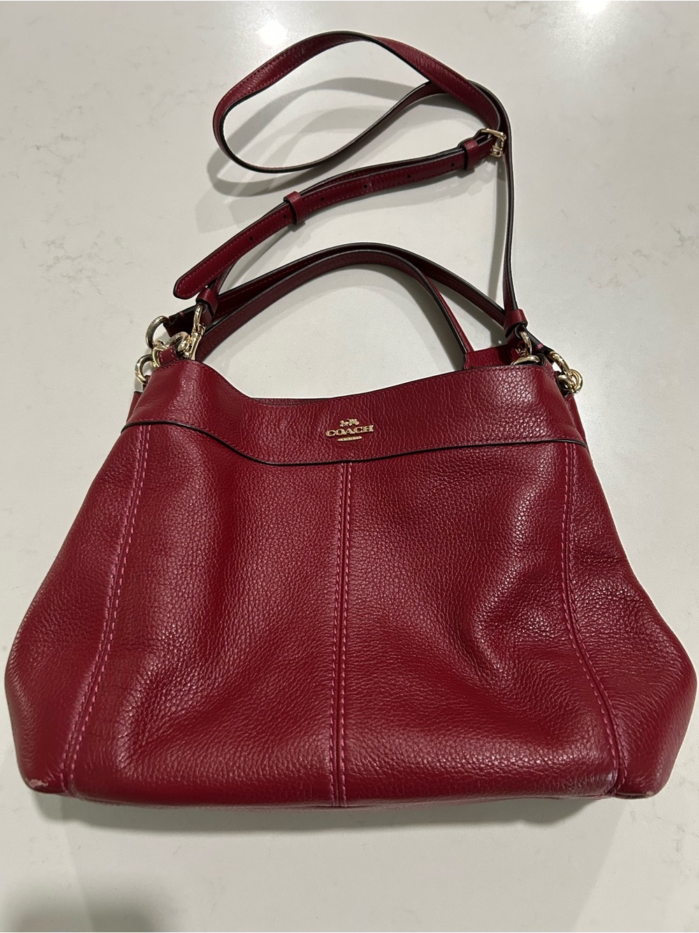 COACH LEXY SOFT PEBBLE LEATHER SATCHEL/CROSSBODY BAG,DARK RED